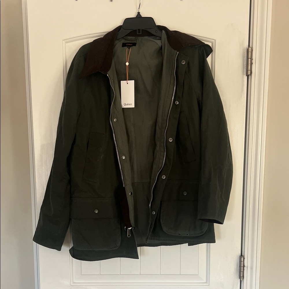 Quince Olive Green Waxed Field Jacket with Brown Corduroy Collar